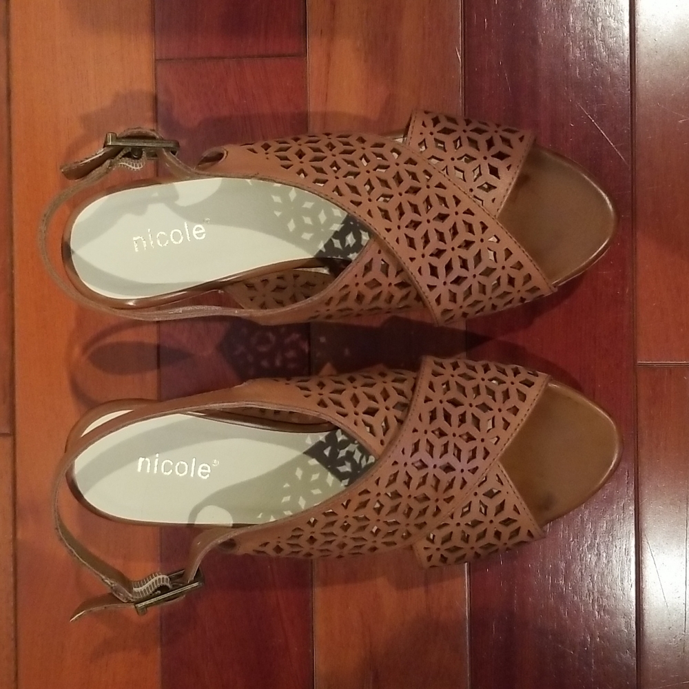 Never worn, Nicole, tan leather and cork platform sandals, size 6.5.
